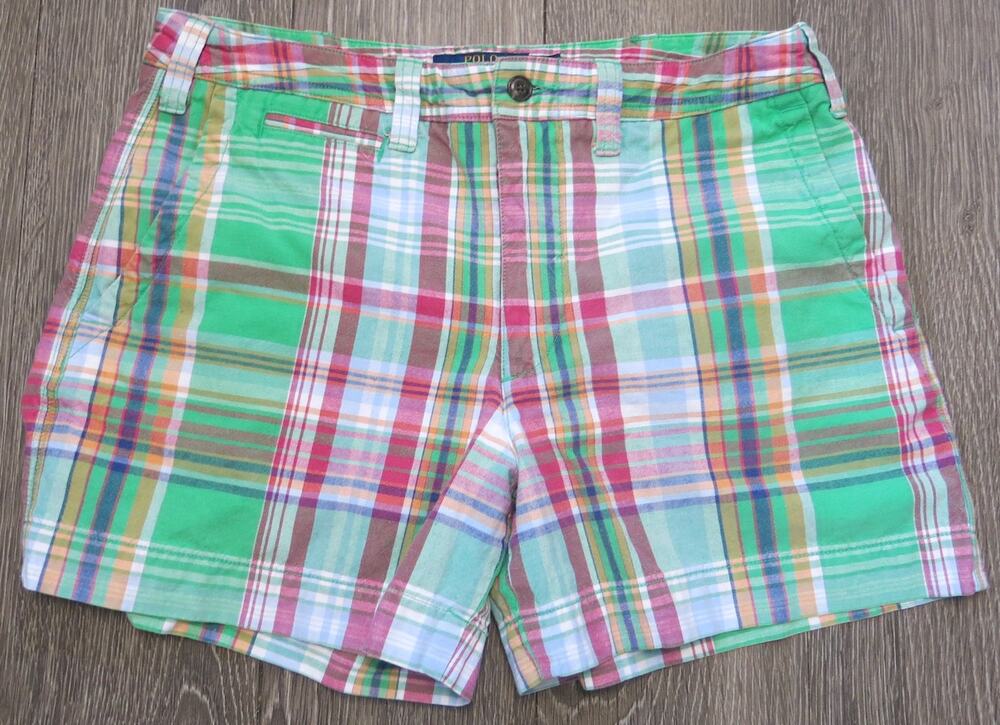 POLO RALPH LAUREN Plaid Shorts Size 8 Women Linen Blend Green Pink Preppy Summer